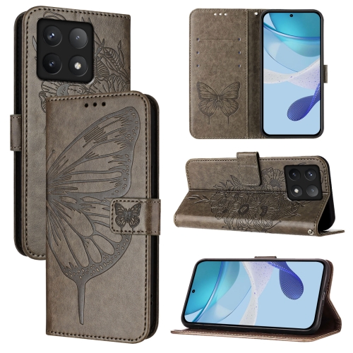 

For Xiaomi 14T Embossed Butterfly Leather Phone Case(Grey)