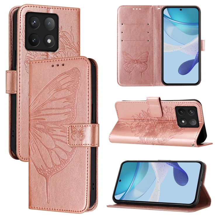 

For Xiaomi 14T Embossed Butterfly Leather Phone Case(Rose Gold)