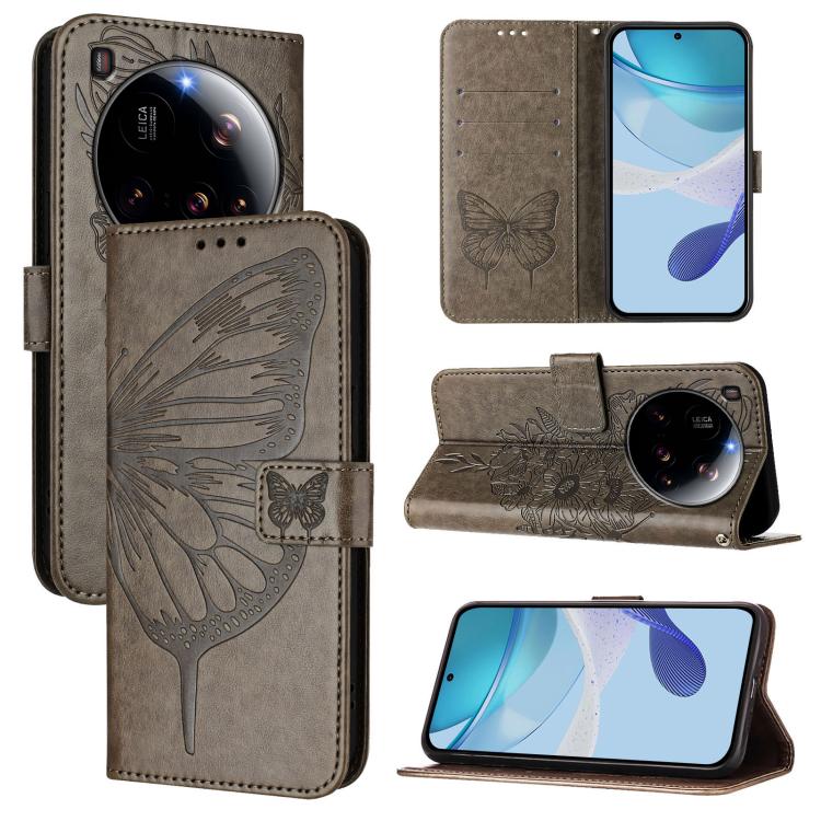 

For Xiaomi 15 Ultra Embossed Butterfly Leather Phone Case(Grey)