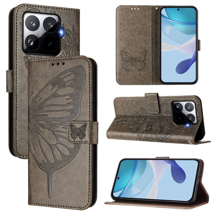 

For Xiaomi 15T Pro 5G Embossed Butterfly Leather Phone Case(Grey)
