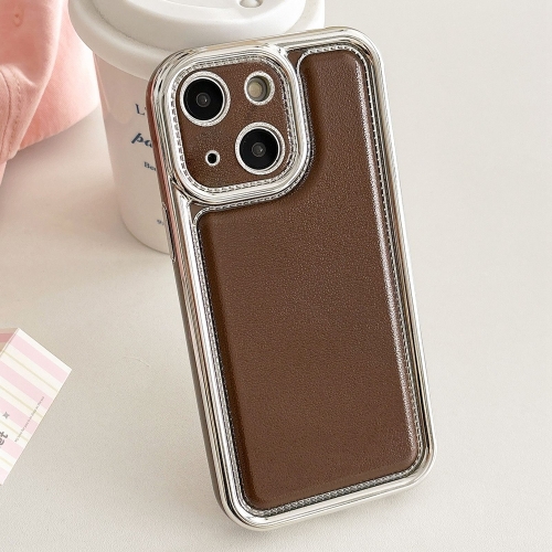 

For iPhone 15 Plus Electroplated Edge Frosted Leather TPU Phone Case(Coffee Color)