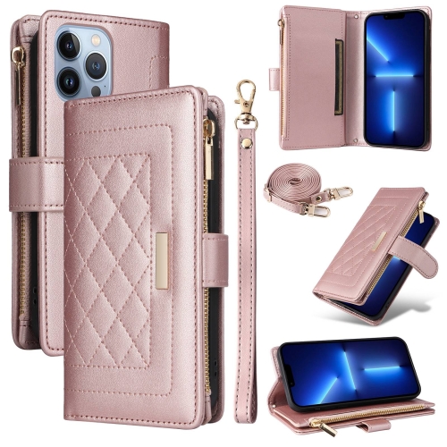 

For iPhone 13 Pro Max Crossbody Zipper Wallet Rhombus Leather Phone Case(Rose Gold)