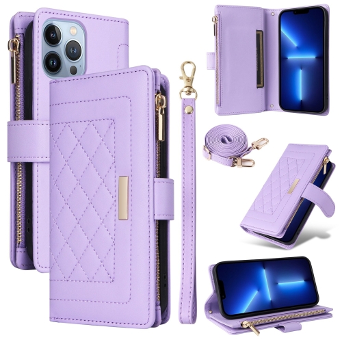 

For iPhone 13 Pro Crossbody Zipper Wallet Rhombus Leather Phone Case(Purple)