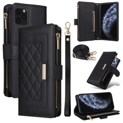 

For iPhone 11 Pro Max Crossbody Zipper Wallet Rhombus Leather Phone Case(Black)