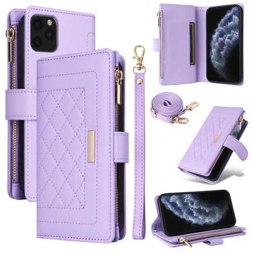 

For iPhone 11 Pro Crossbody Zipper Wallet Rhombus Leather Phone Case(Purple)