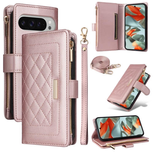 For Google Pixel 9 Pro XL Crossbody Zipper Wallet Rhombus Leather Phone Case(Rose Gold)