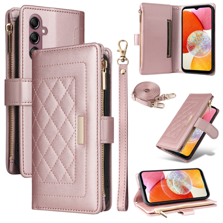 

For Samsung Galaxy A15 5G Crossbody Zipper Wallet Rhombus Leather Phone Case(Rose Gold)