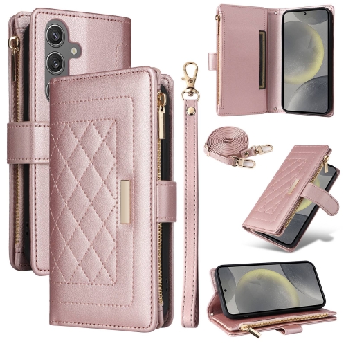 

For Samsung Galaxy S24+ 5G Crossbody Zipper Wallet Rhombus Leather Phone Case(Rose Gold)