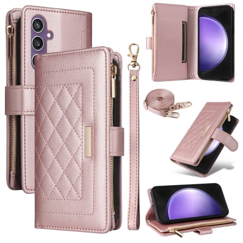 

For Samsung Galaxy S24 FE 5G Crossbody Zipper Wallet Rhombus Leather Phone Case(Rose Gold)