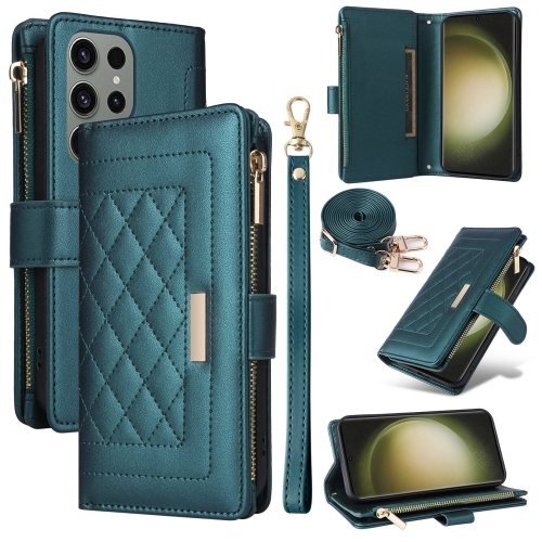 

For Samsung Galaxy S23 Ultra 5G Crossbody Zipper Wallet Rhombus Leather Phone Case(Green)