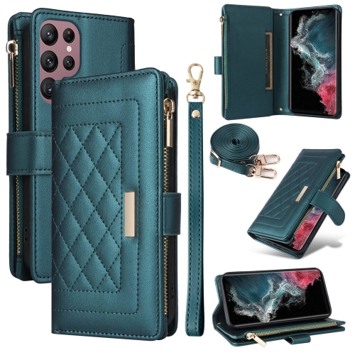 

For Samsung Galaxy S22 Ultra 5G Crossbody Zipper Wallet Rhombus Leather Phone Case(Green)