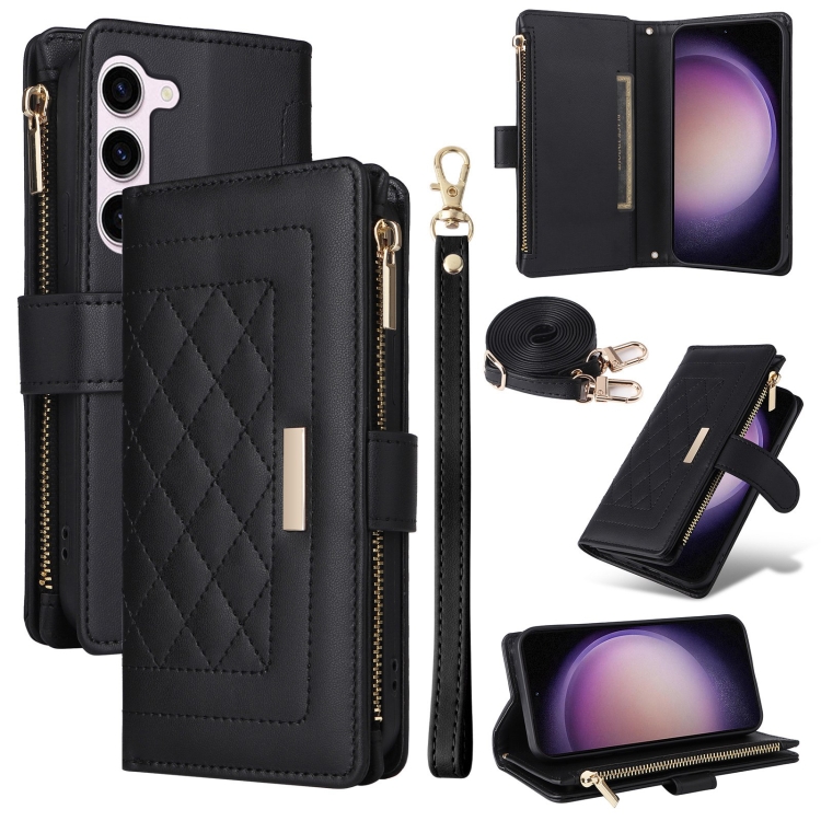 

For Samsung Galaxy S23 5G Crossbody Zipper Wallet Rhombus Leather Phone Case(Black)