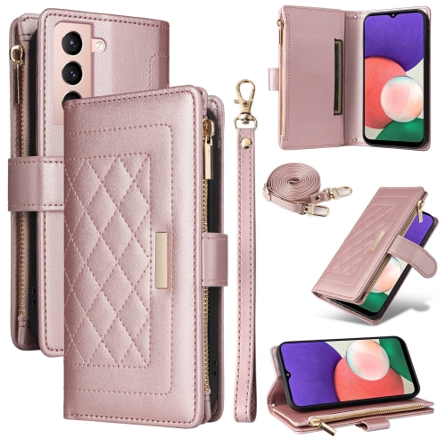 

For Samsung Galaxy S22 5G Crossbody Zipper Wallet Rhombus Leather Phone Case(Rose Gold)