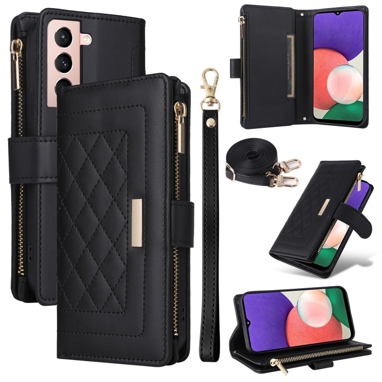 

For Samsung Galaxy S21 5G Crossbody Zipper Wallet Rhombus Leather Phone Case(Black)