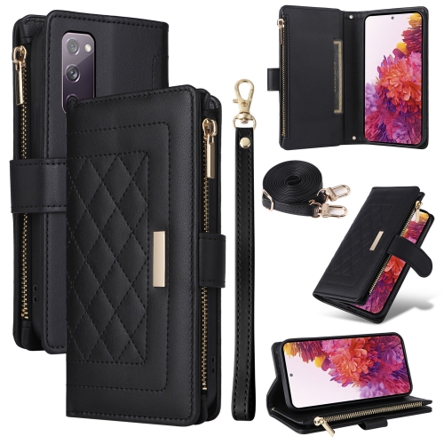 

For Samsung Galaxy S20 FE Crossbody Zipper Wallet Rhombus Leather Phone Case(Black)