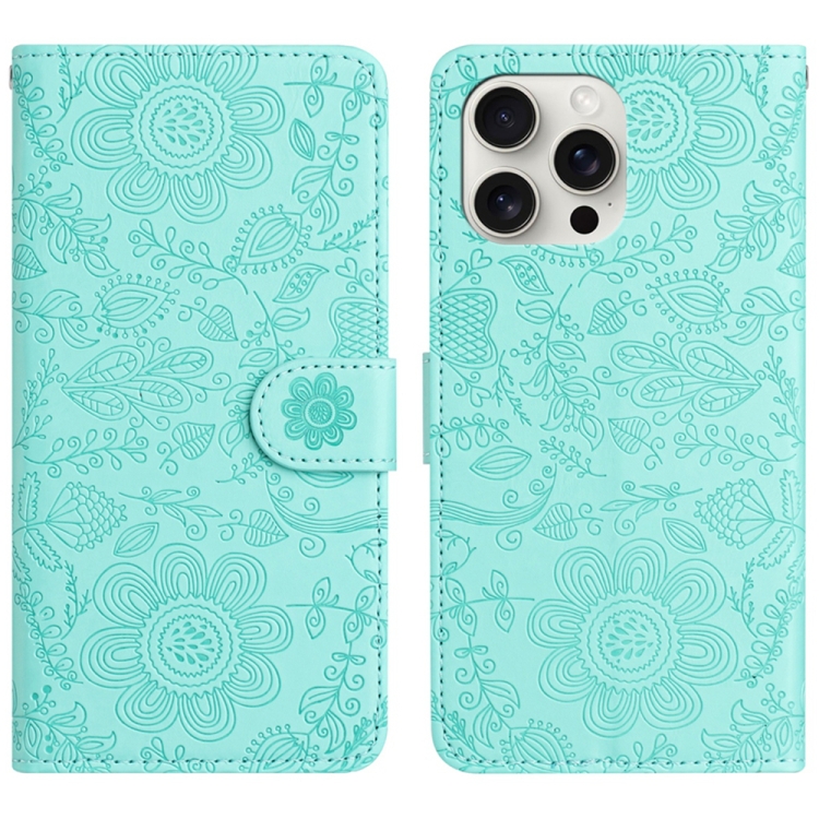 

For iPhone 16 Pro Floral Embossed Pattern Leather Phone Case(Light Green)
