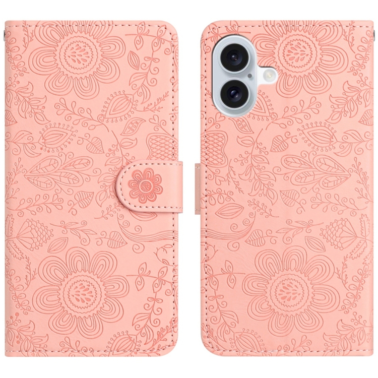 

For iPhone 16 Floral Embossed Pattern Leather Phone Case(Pink)
