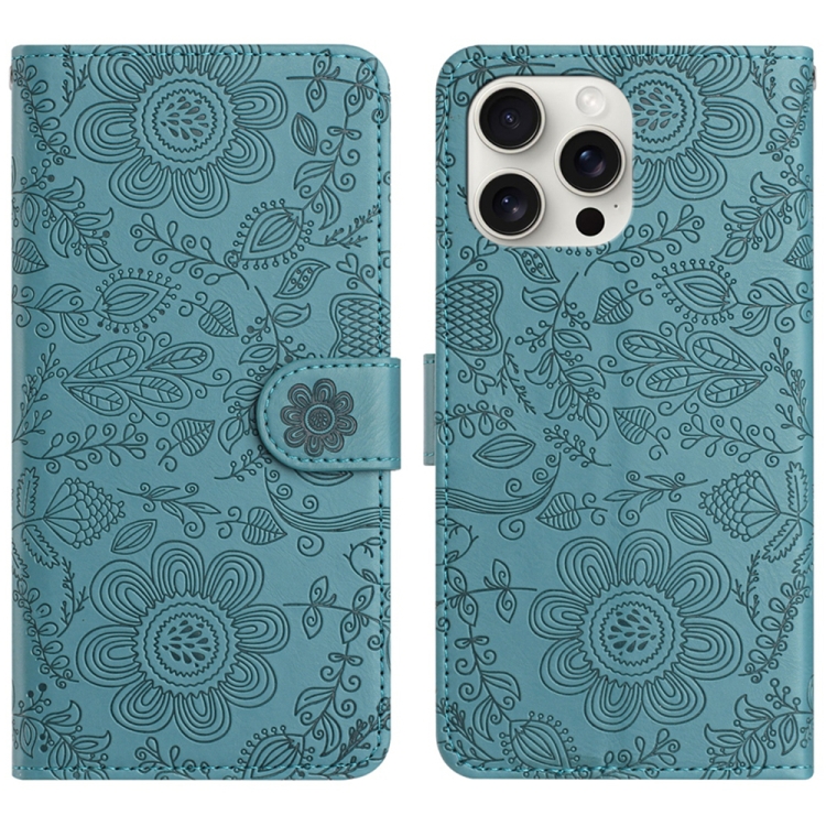 

For iPhone 15 Pro Max Floral Embossed Pattern Leather Phone Case(Dark Green)