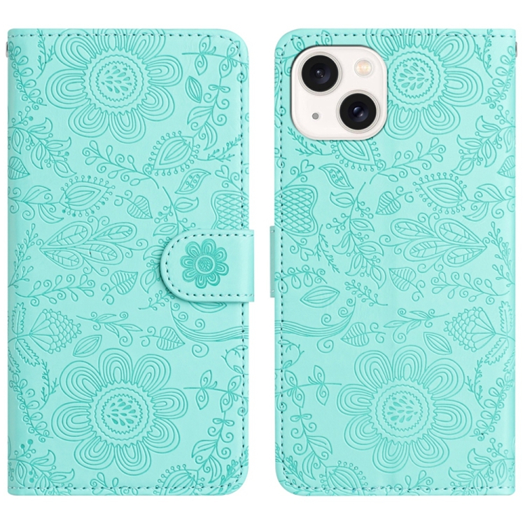 

For iPhone 14 Plus Floral Embossed Pattern Leather Phone Case(Light Green)
