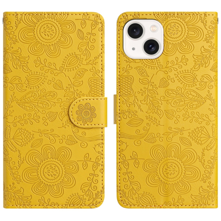 

For iPhone 14 Floral Embossed Pattern Leather Phone Case(Yellow)