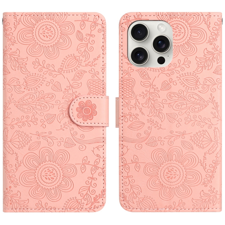 

For iPhone 14 Pro Max Floral Embossed Pattern Leather Phone Case(Pink)