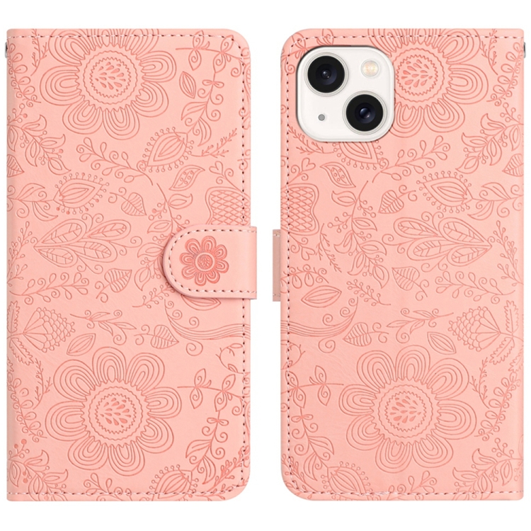 

For iPhone 13 Floral Embossed Pattern Leather Phone Case(Pink)