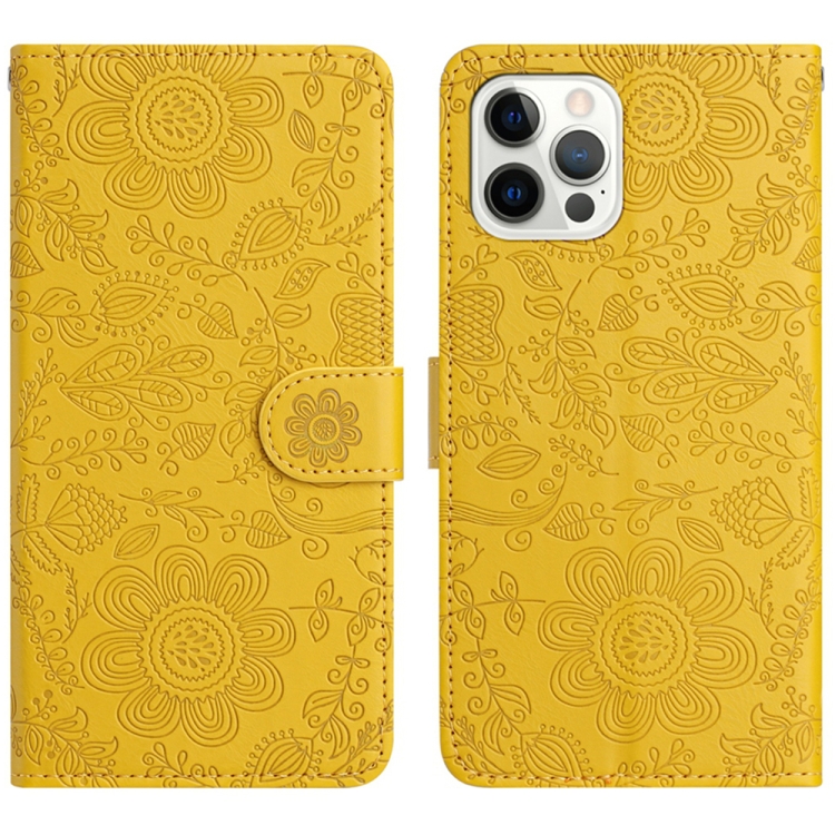 

For iPhone 12 Pro Max Floral Embossed Pattern Leather Phone Case(Yellow)