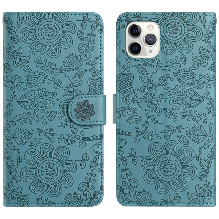 

For iPhone 11 Pro Floral Embossed Pattern Leather Phone Case(Dark Green)