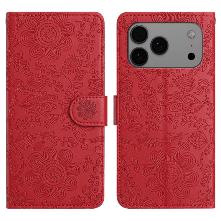 

For iPhone 17 Pro Max Floral Embossed Pattern Leather Phone Case(Red)
