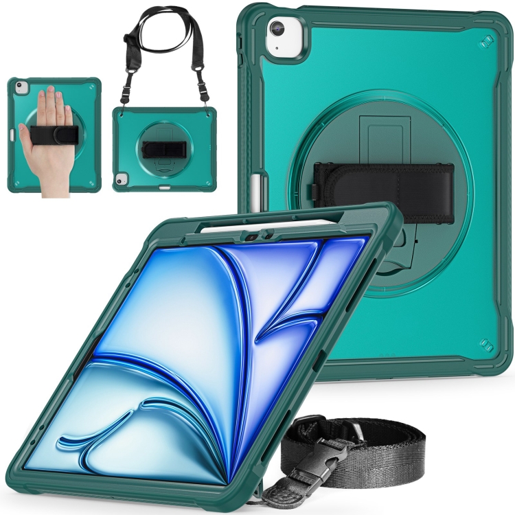 

For iPad Air 13 2025 / 2024 Heavy Duty Hybrid Tablet Case with Hand Grip & Strap(Dark Green)