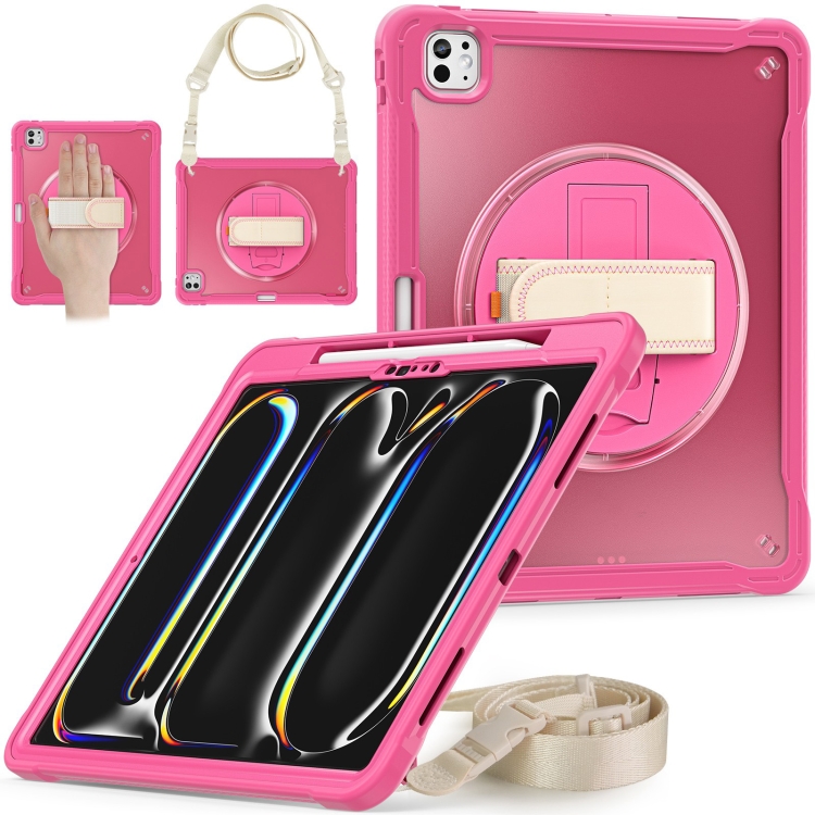 

For iPad Pro 13 2024 Heavy Duty Hybrid Tablet Case with Hand Grip & Strap(Rose Red)