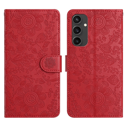 

For Samsung Galaxy S24 FE 5G Floral Embossed Pattern Leather Phone Case(Red)