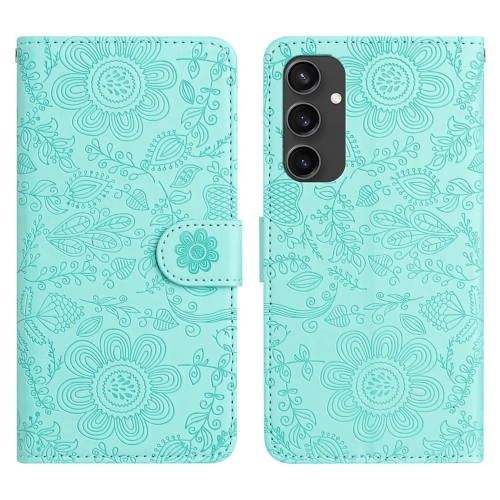 

For Samsung Galaxy S24 FE 5G Floral Embossed Pattern Leather Phone Case(Light Green)