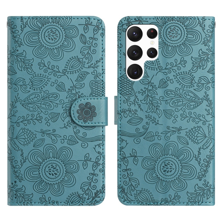 

For Samsung Galaxy S23 Ultra 5G Floral Embossed Pattern Leather Phone Case(Dark Green)