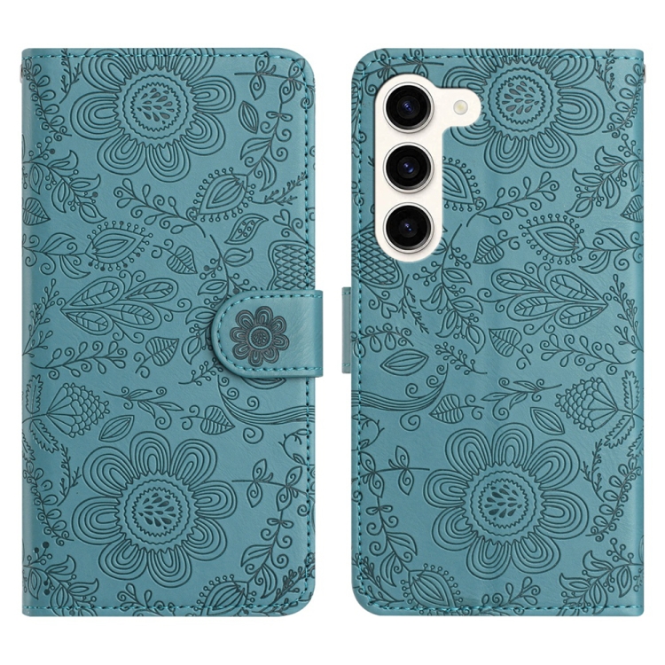 

For Samsung Galaxy S23+ 5G Floral Embossed Pattern Leather Phone Case(Dark Green)