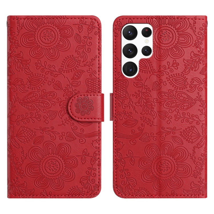 

For Samsung Galaxy S22 Ultra 5G Floral Embossed Pattern Leather Phone Case(Red)