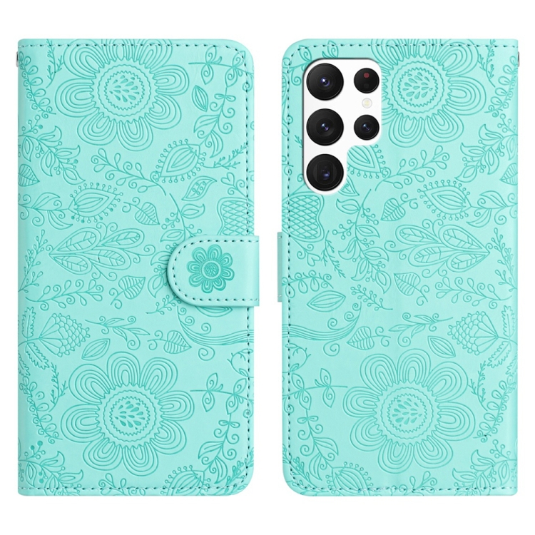 

For Samsung Galaxy S22 Ultra 5G Floral Embossed Pattern Leather Phone Case(Light Green)