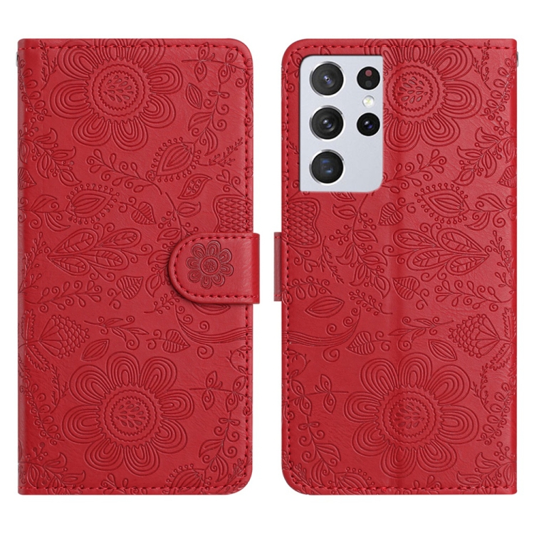 

For Samsung Galaxy S21 Ultra 5G Floral Embossed Pattern Leather Phone Case(Red)