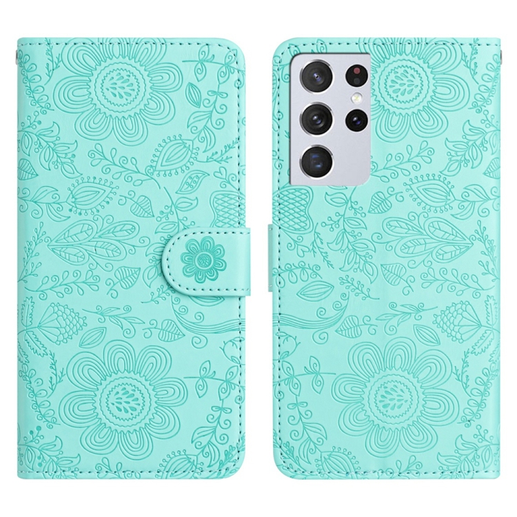 

For Samsung Galaxy S21 Ultra 5G Floral Embossed Pattern Leather Phone Case(Light Green)