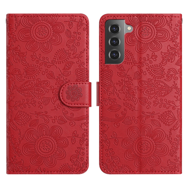 

For Samsung Galaxy S21 5G Floral Embossed Pattern Leather Phone Case(Red)