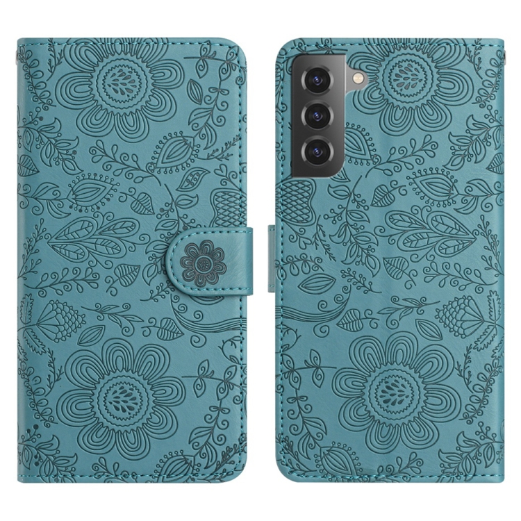 

For Samsung Galaxy S21 5G Floral Embossed Pattern Leather Phone Case(Dark Green)