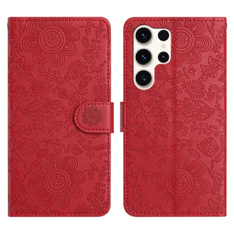 

For Samsung Galaxy S25 Ultra 5G Floral Embossed Pattern Leather Phone Case(Red)