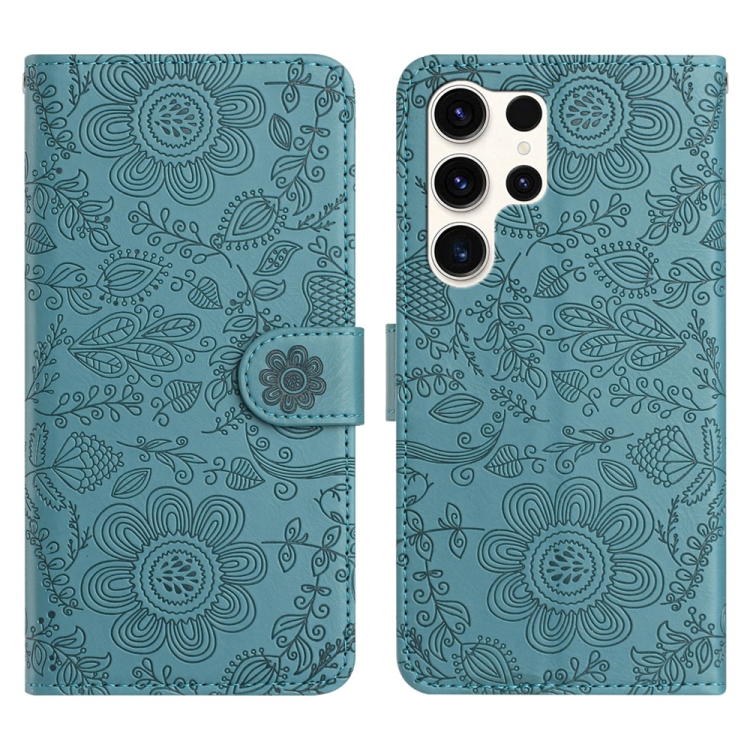 

For Samsung Galaxy S25 Ultra 5G Floral Embossed Pattern Leather Phone Case(Dark Green)
