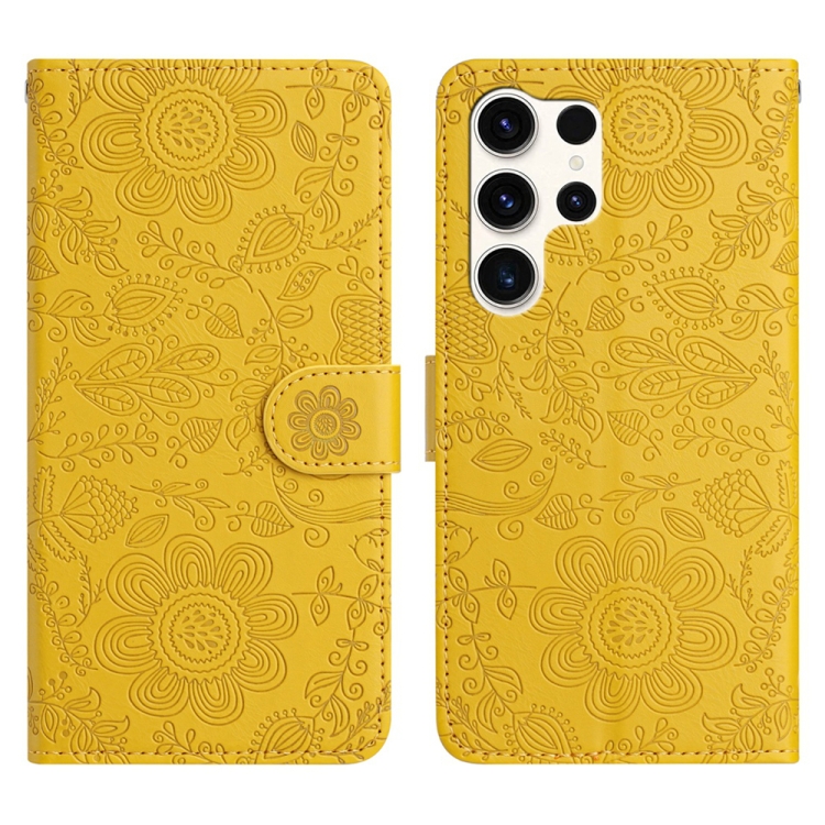 

For Samsung Galaxy S25 Ultra 5G Floral Embossed Pattern Leather Phone Case(Yellow)