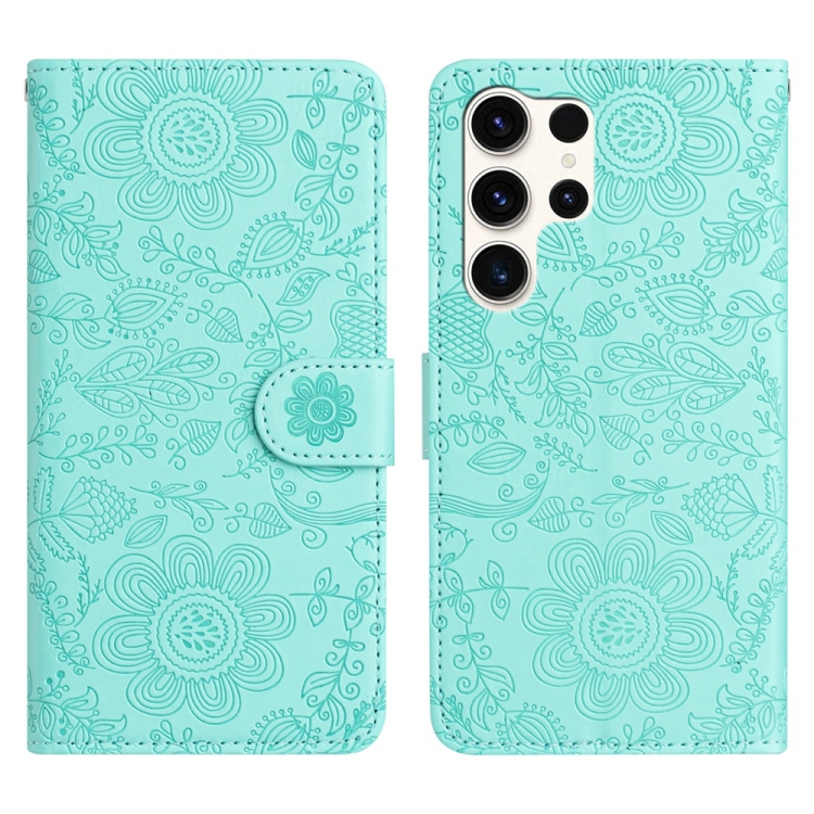 

For Samsung Galaxy S25 Ultra 5G Floral Embossed Pattern Leather Phone Case(Light Green)