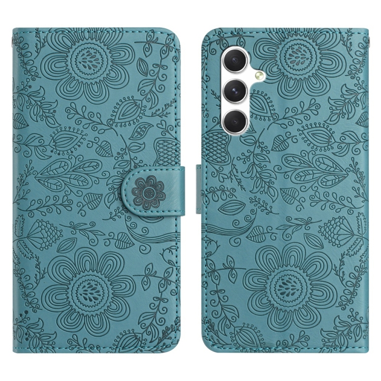 

For Samsung Galaxy S25+ 5G Floral Embossed Pattern Leather Phone Case(Dark Green)
