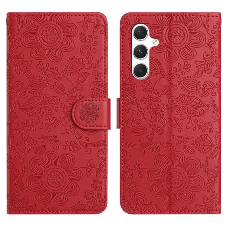 

For Samsung Galaxy S25 FE 5G Floral Embossed Pattern Leather Phone Case(Red)
