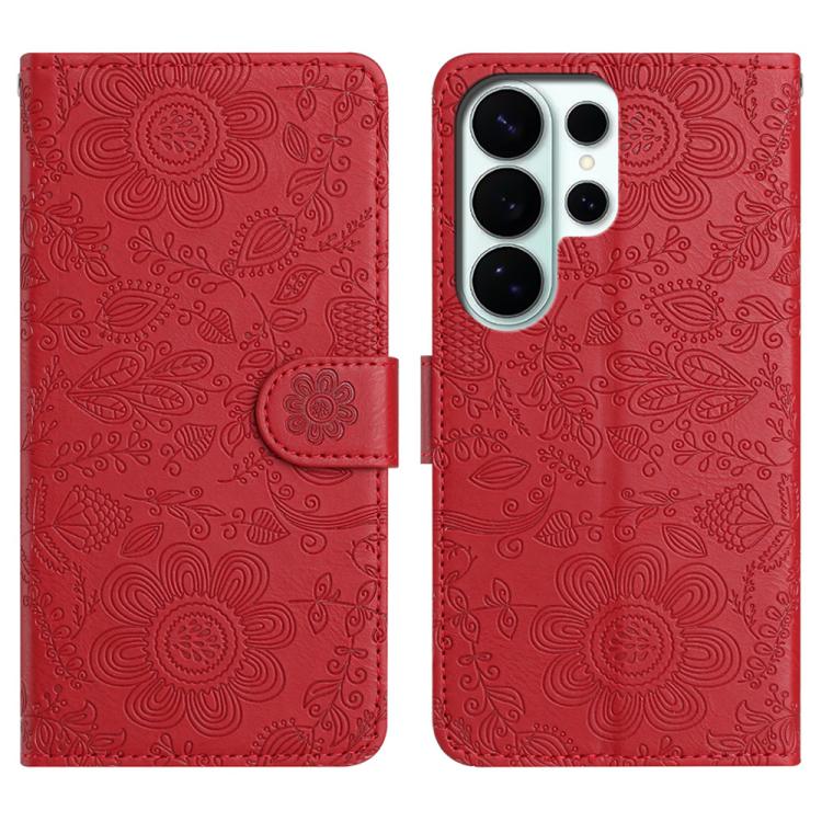 

For Samsung Galaxy S26 Ultra 5G Floral Embossed Pattern Leather Phone Case(Red)