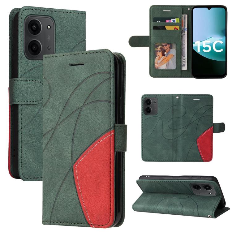 

For Redmi 15C 4G EU / 15C 5G 173.1mm Dual-color Splicing Flip Leather Phone Case(Green)