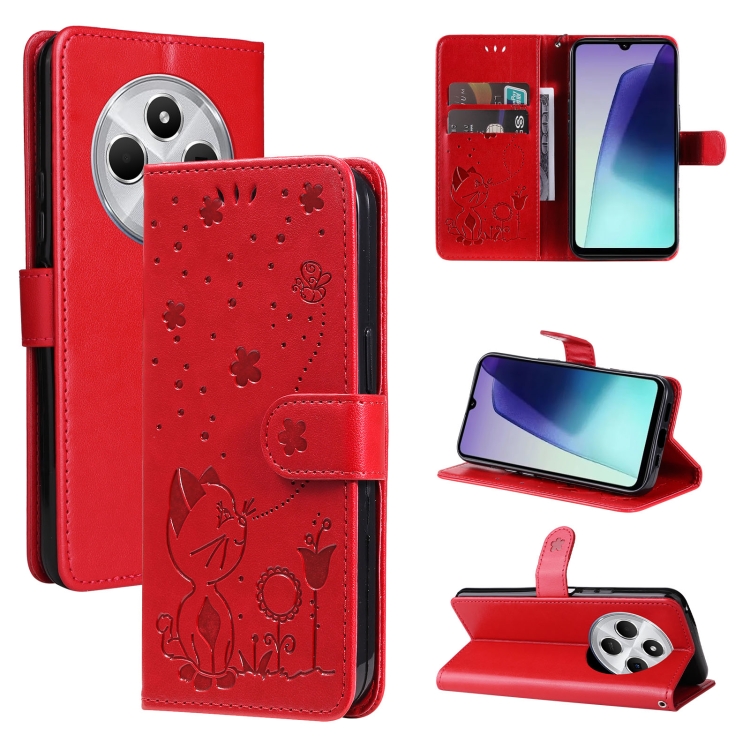 

For Redmi 14C 4G Global Cat and Bee Embossed Flip Leather Phone Case(Red)